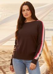 Striped Sleeve Knit Pullover - Chocolate