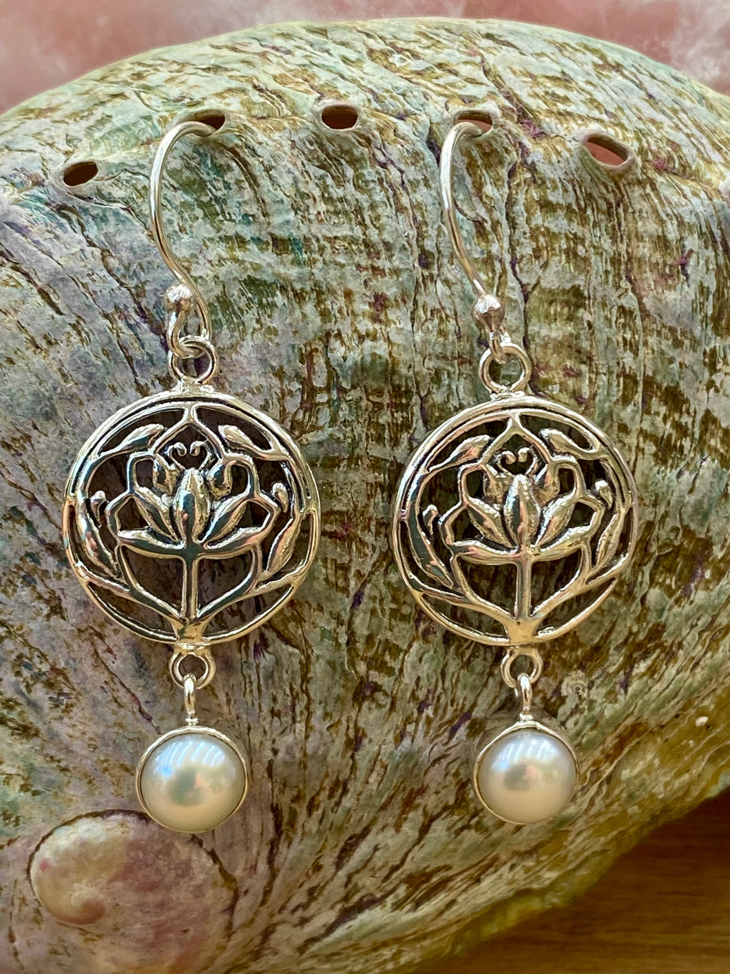 Sterling Silver Drop Earrings - Water Lily with Pearl
