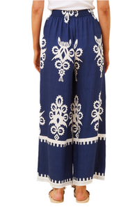 Border Print Wide Leg Pants - Navy