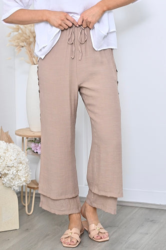 Full Length Side Button Layered Beach Pant - Mocha