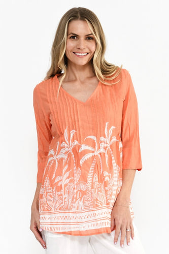Tina V-Neck Pleated Top – Mono Border Coral front view.