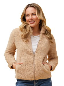 Zip Front  Faux Fur Jacket - Beige