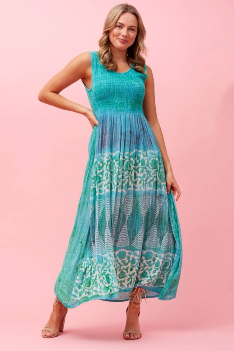 Sleeveless Shirring Detail Printed Maxi Dress