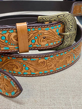 Load image into Gallery viewer, Tooling Leather Belt - Turquoise Trim