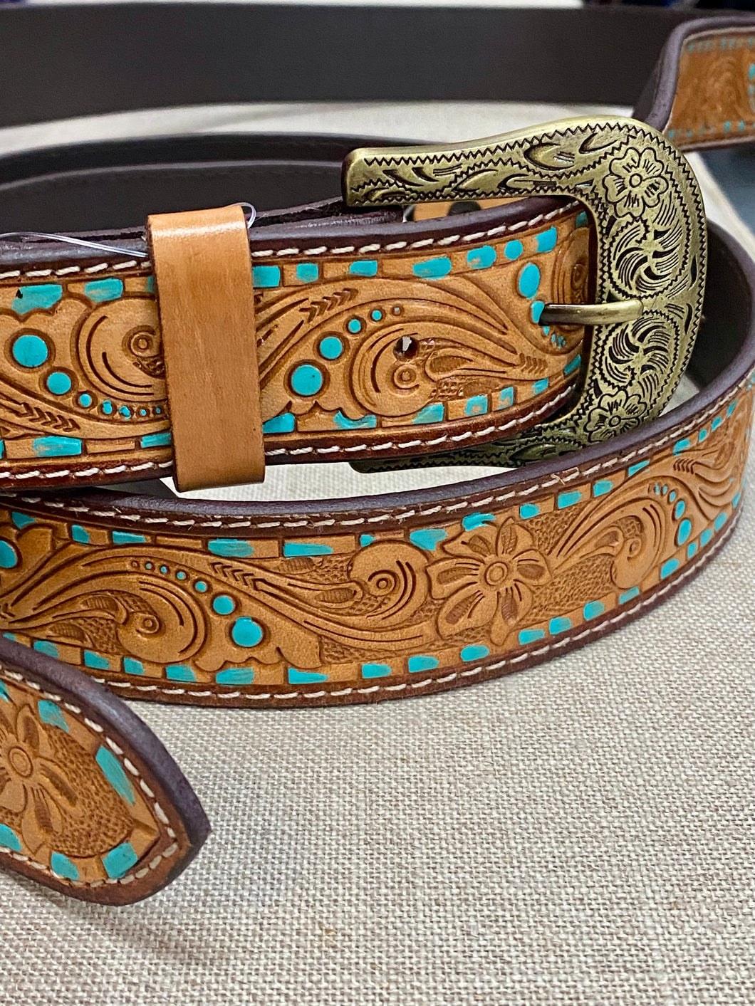 Tooling Leather Belt - Turquoise Trim