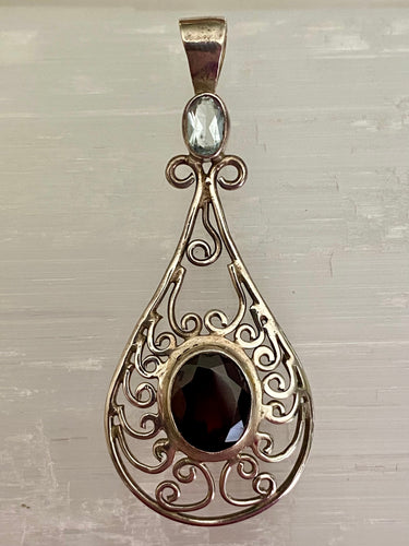 Filigree Teardrop Sterling Silver Pendant - Blue Topaz & Garnet