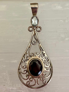 Filigree Teardrop Sterling Silver Pendant - Blue Topaz & Garnet