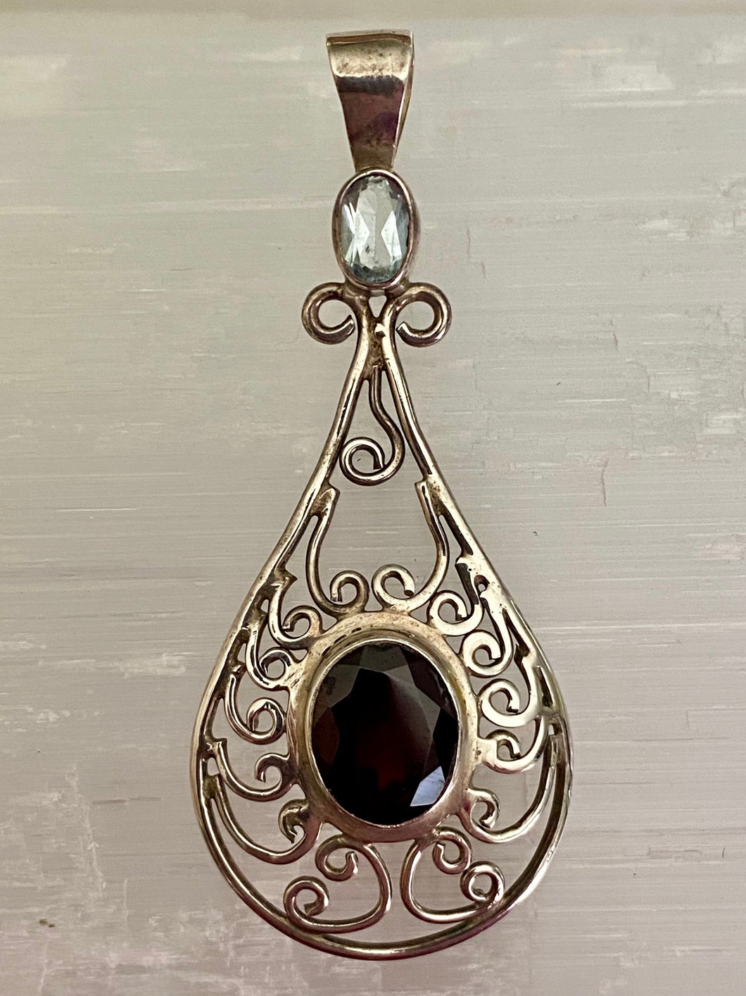 Filigree Teardrop Sterling Silver Pendant - Blue Topaz & Garnet