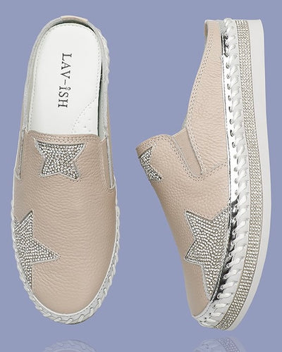 Leather Star Slides - Beige