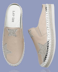 Leather Slides With Star - Beige