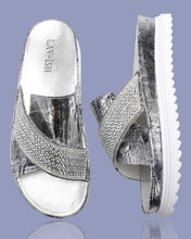 Load image into Gallery viewer, Silver Newspaper Print Sandals