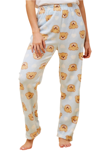 Plush Pyjama Pants - Light Blue Bear Print