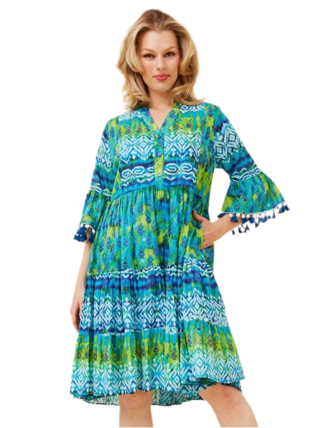 Tassel Trim Sleeve Dress – front view with mandarin collar and pom pom details