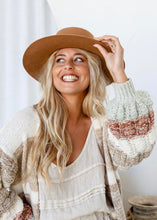 Load image into Gallery viewer, Striped Knit Cardigan with patterned sleeves - Natural / Camel