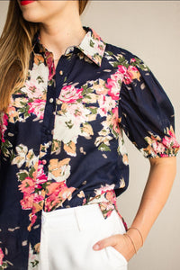 Cotton Navy Floral Elastic Cuff Blouse