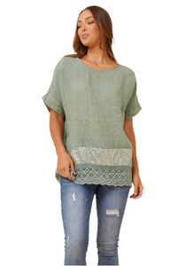 Emilio Sequin Linen Top - Sage