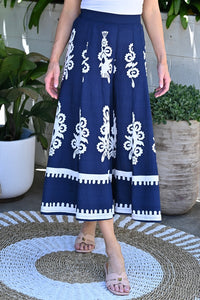 Damask Wide Leg Pants - Navy