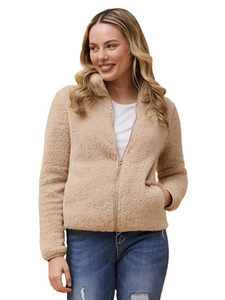 Zip Front  Faux Fur Jacket - Beige