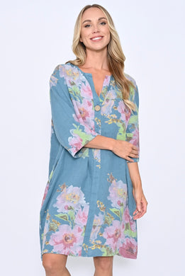 Big Button Linen Floral Dress- Denim