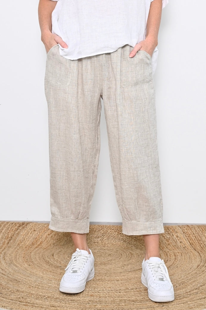 Wide Band Cuff 7/8 Leg Linen Pants - Natural