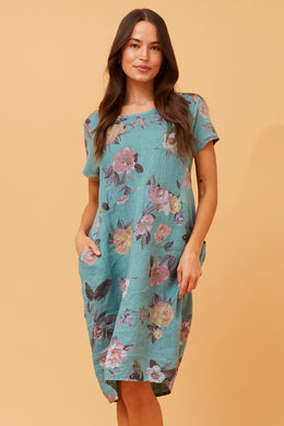 Floral Linen Dress - Sage