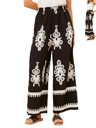 Border Print Wide Leg Pants - Black