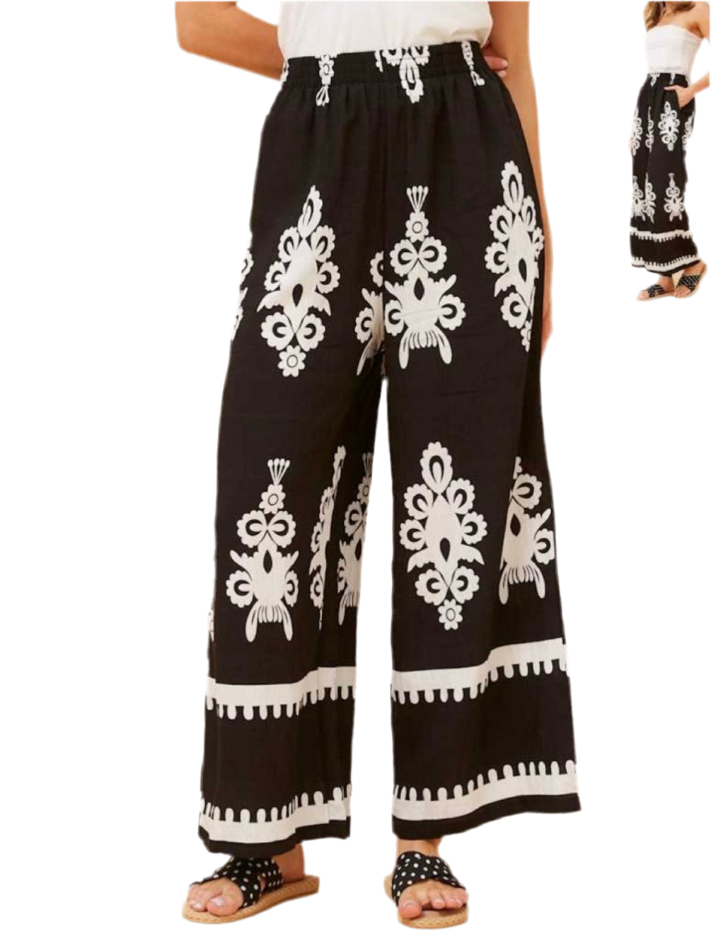 Border Print Wide Leg Pants - Black