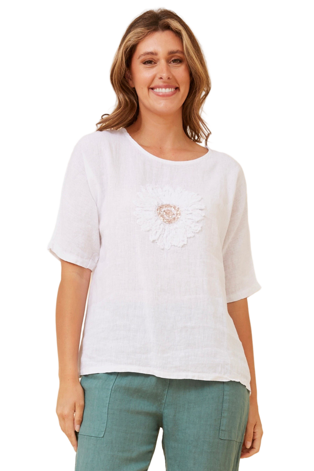 Floral Patchwork Linen Top - White