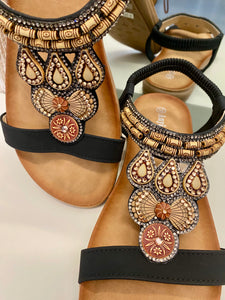 Black Beaded Flat Sandals