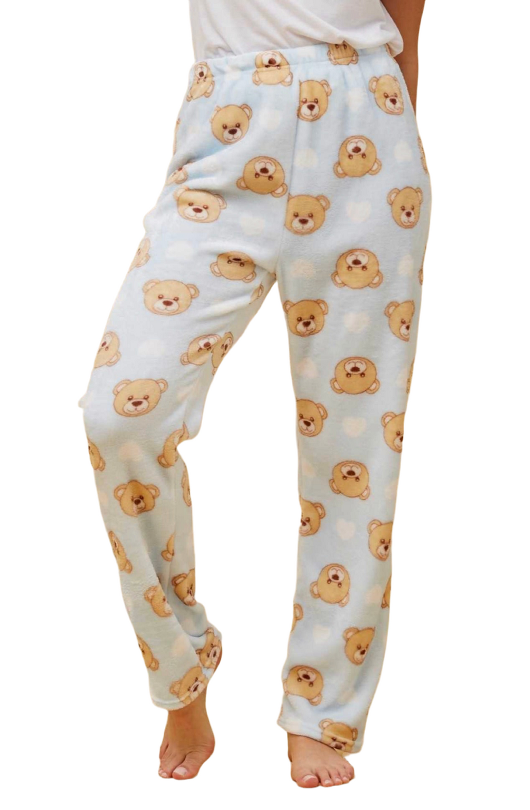 Bear Print Plush Pyjama Pants - Light Blue