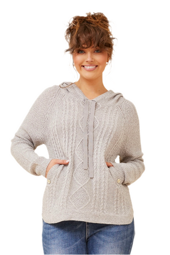 Hooded Cable Knit Jumper in Light Grey by Caroline Morgan