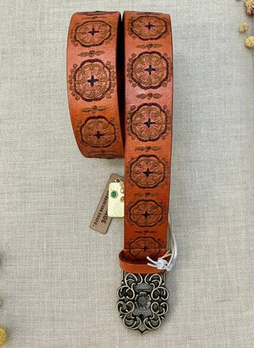 Deni Embroidered Leather Belt - Tan