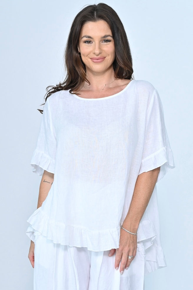 Button Back Frill Top - White