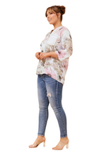 Load image into Gallery viewer, Italian-made women’s blouse in pink sage floral with sequin accents