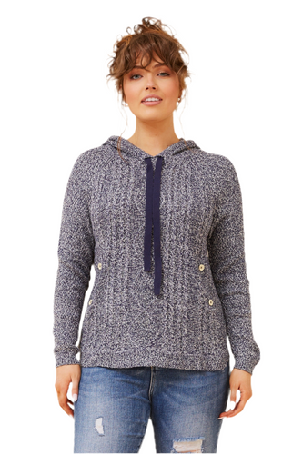 Hooded Cable Knit Jumper - Navy
