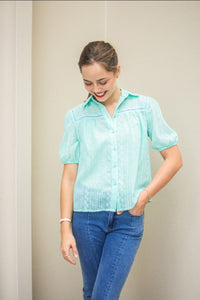 Fine Cotton Embroidery Short Sleeve Shirt - Aqua