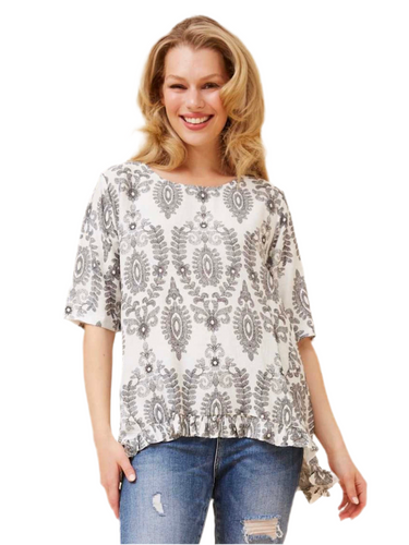 Caroline K Morgan frilled hem top front view
	