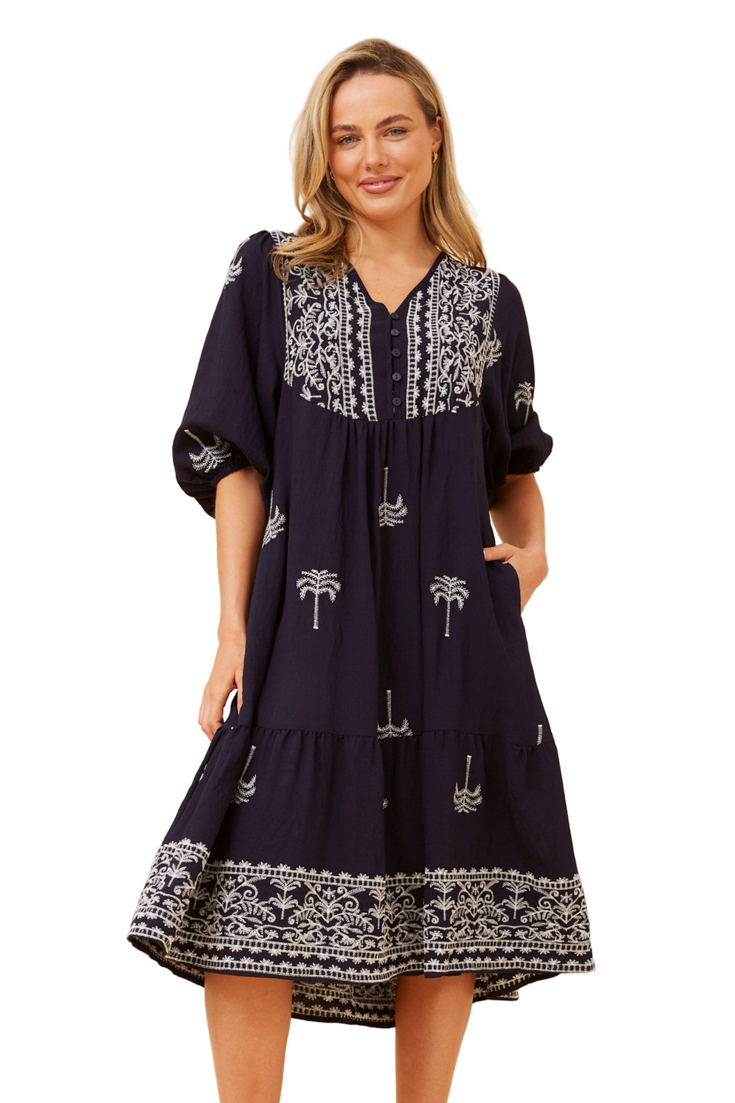 Embroidered Midi Dress - Navy
