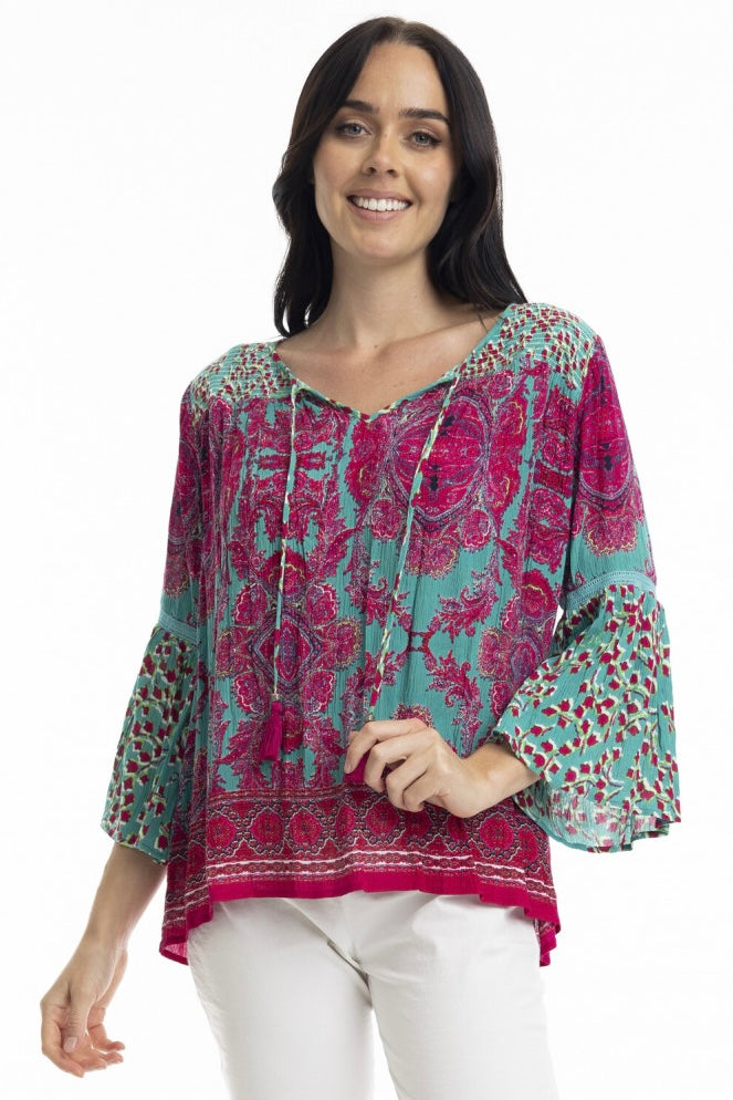 Shirred Yoke Top - Neo Paisley Teal