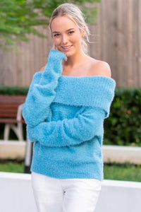 Fluffy Wide Turtle Neck Jumper - Sky