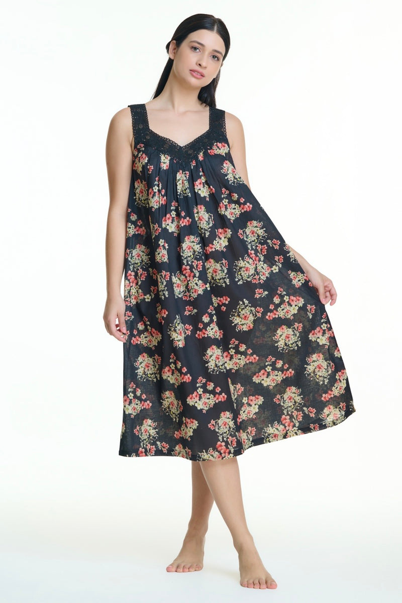 Sleevless Nightie- Black Floral Print – Berry Lush Designs