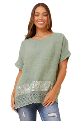 Emilio Sequin Linen Top - Sage