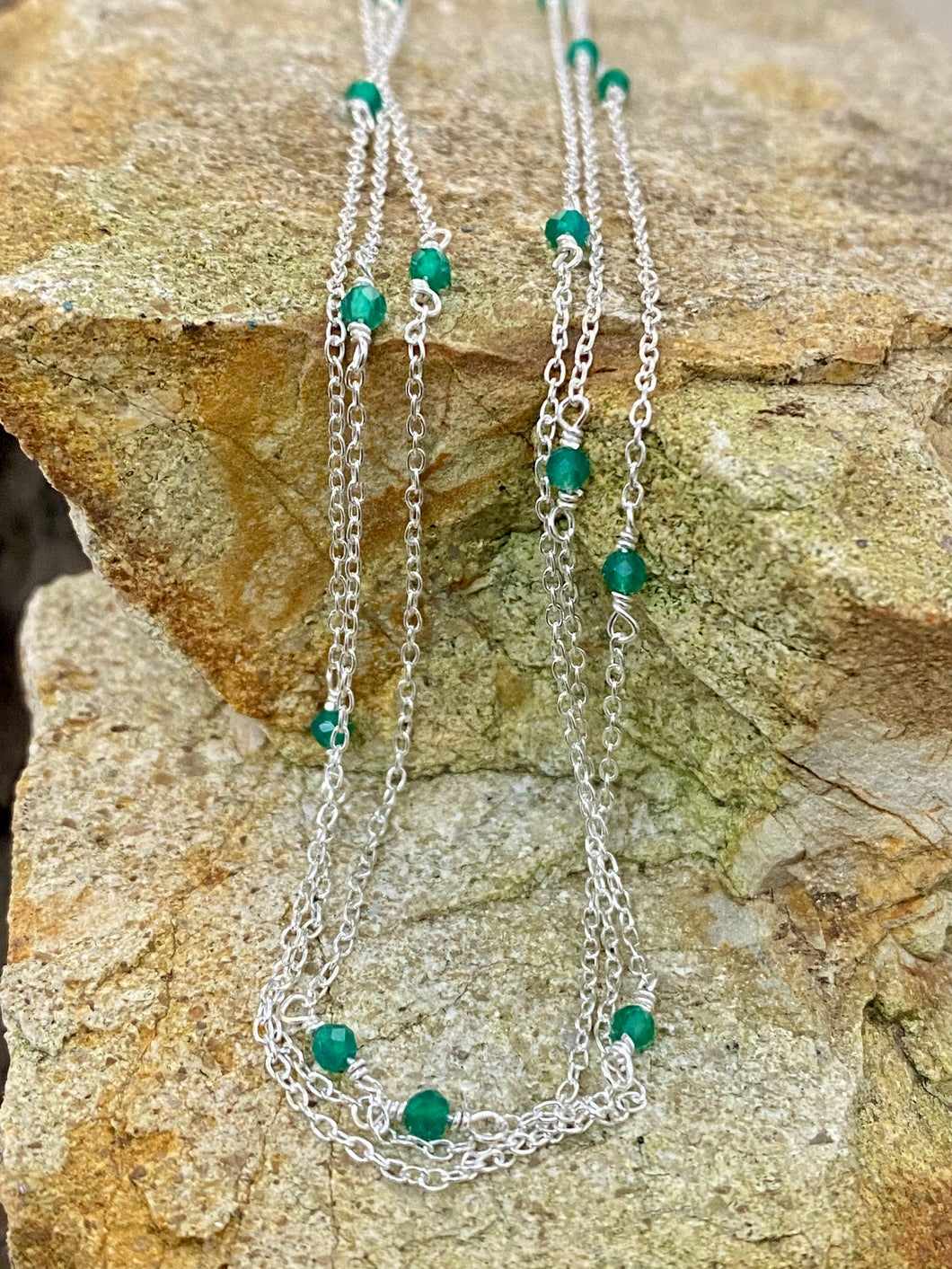 Triple Strand Sterling Silver Chain – Green Chalcedony
