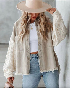 Knit Sleeve Button Front Cotton Denim Jacket