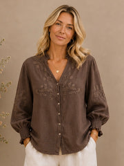 Ricamata Embroidered Linen Shirt - Chocolate