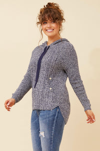 Hooded Cable Knit Jumper - Navy