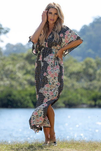 Venus Dress Ashanti – silk blend bohemian maxi with v-neck front