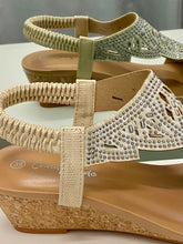 Load image into Gallery viewer, Cork Wedge Diamanté Sandals - Gold