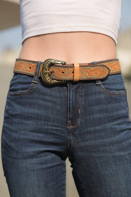 Tooling Leather Belt with Removable Buckle and Turq Paint Highlight