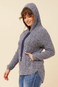 Hooded Cable Knit Jumper - Navy